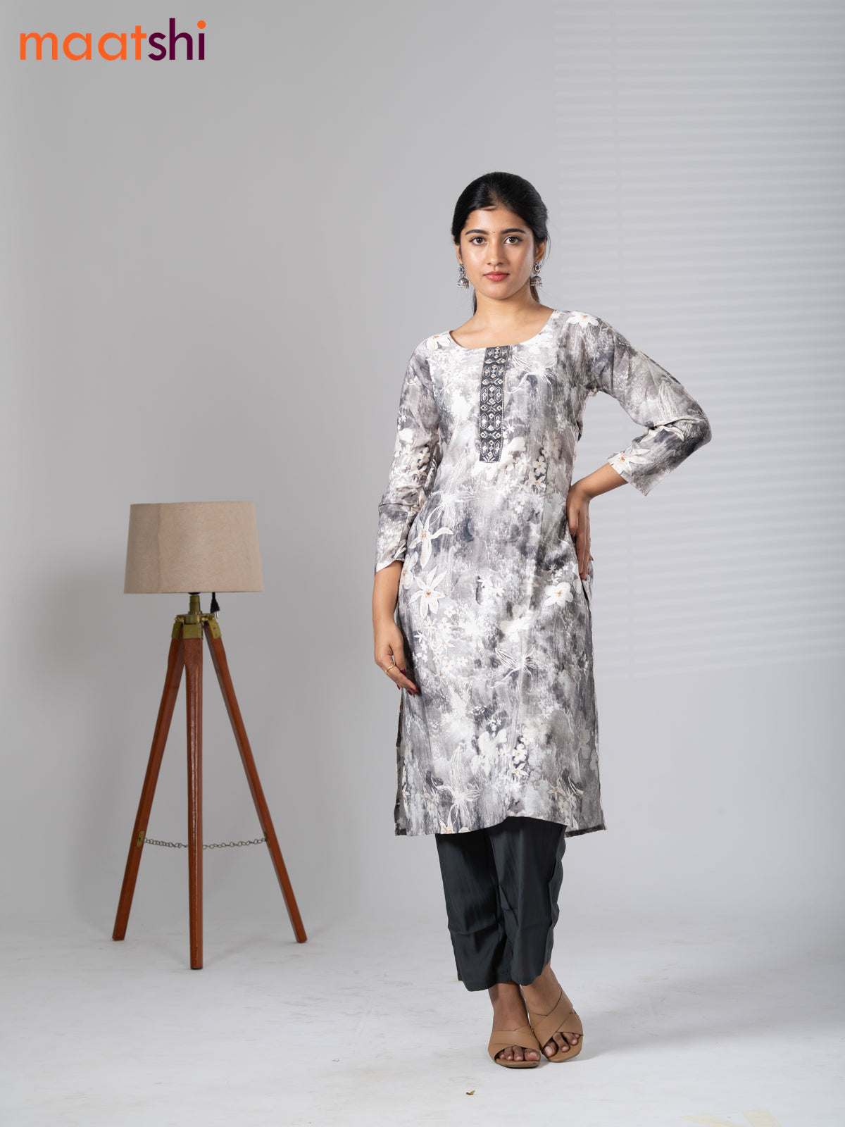 Rayon cotton readymade kurti set off white and dark grey with allover floral prints & embroidery mirror work neck pattern and straight cut pant