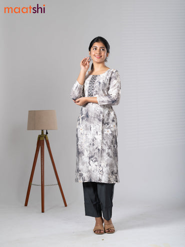Rayon cotton readymade kurti set off white and dark grey with allover floral prints & embroidery mirror work neck pattern and straight cut pant