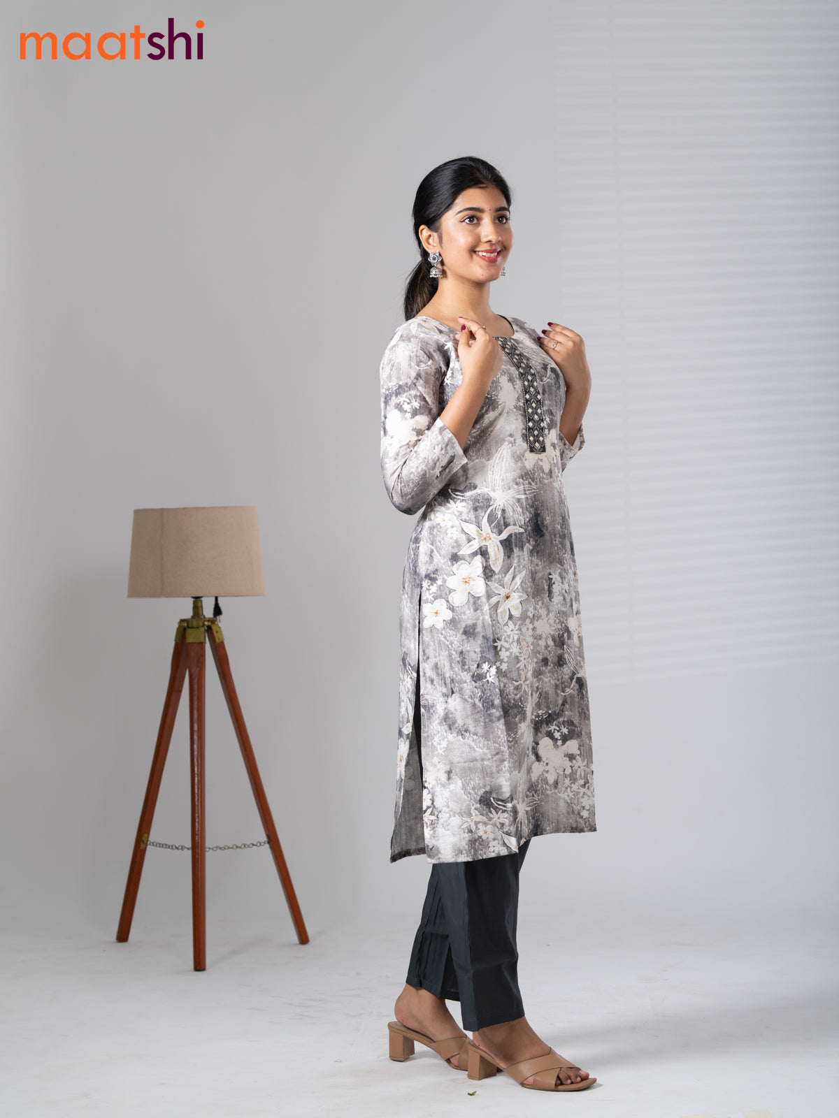 Rayon cotton readymade kurti set off white and dark grey with allover floral prints & embroidery mirror work neck pattern and straight cut pant