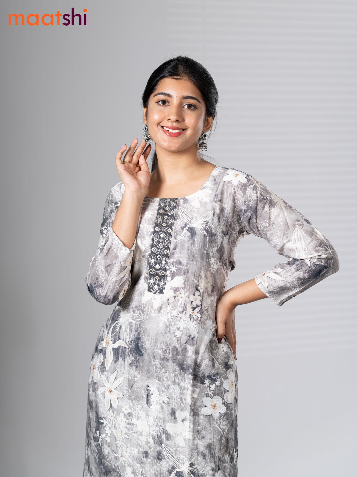 Rayon cotton readymade kurti set off white and dark grey with allover floral prints & embroidery mirror work neck pattern and straight cut pant