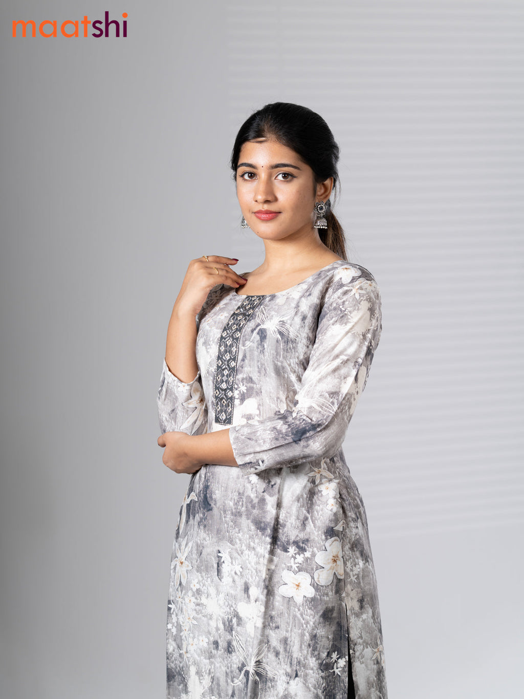 Rayon cotton readymade kurti set off white and dark grey with allover floral prints & embroidery mirror work neck pattern and straight cut pant