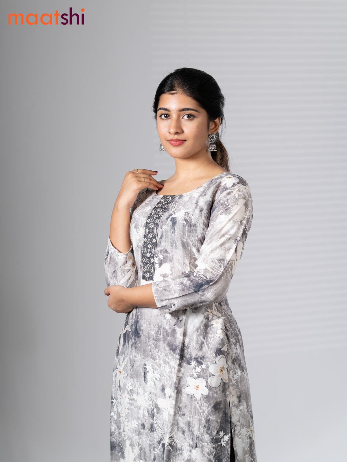 Rayon cotton readymade kurti set off white and dark grey with allover floral prints & embroidery mirror work neck pattern and straight cut pant