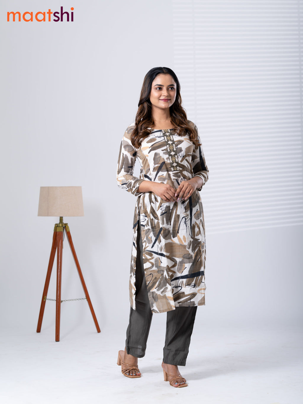 Rayon cotton readymade kurti set off white and greenish grey with allover prints & embroidery mirror work neck pattern and straight cut pant