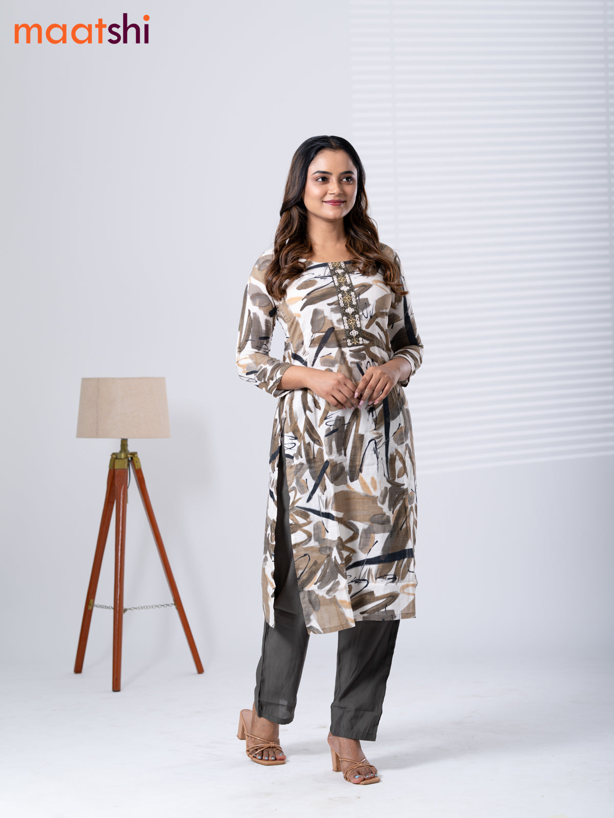 Rayon cotton readymade kurti set off white and greenish grey with allover prints & embroidery mirror work neck pattern and straight cut pant