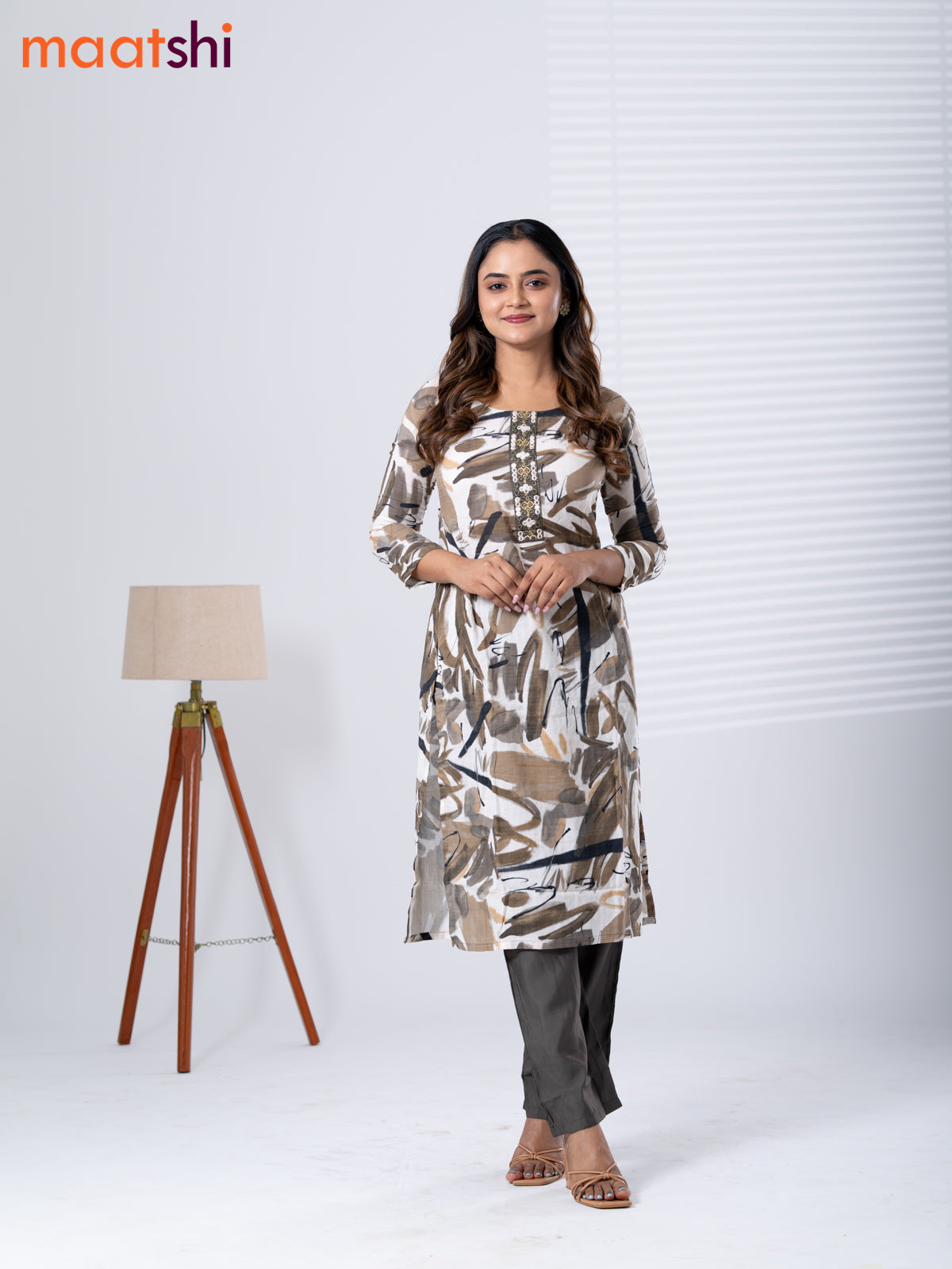 Rayon cotton readymade kurti set off white and greenish grey with allover prints & embroidery mirror work neck pattern and straight cut pant