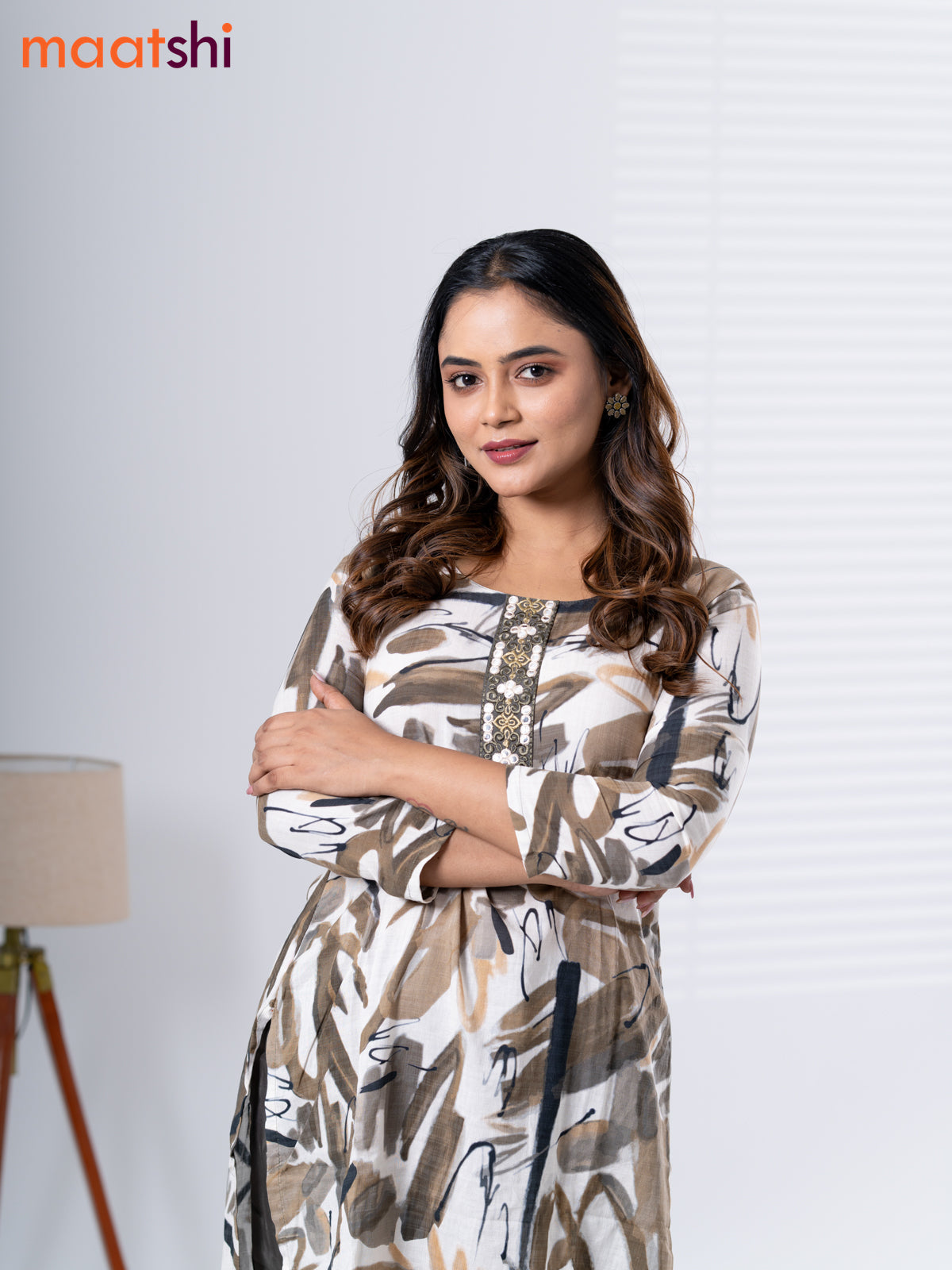 Rayon cotton readymade kurti set off white and greenish grey with allover prints & embroidery mirror work neck pattern and straight cut pant