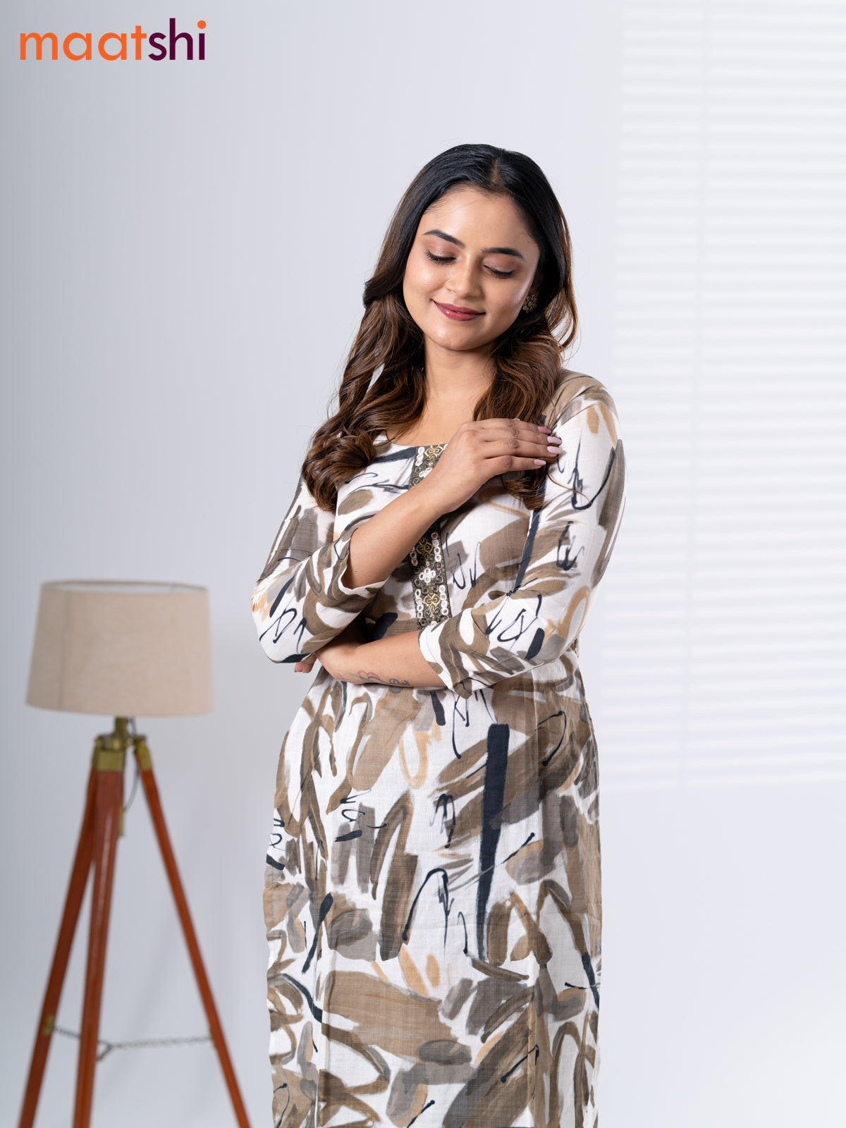 Rayon cotton readymade kurti set off white and greenish grey with allover prints & embroidery mirror work neck pattern and straight cut pant