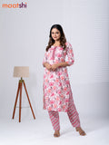 Rayon cotton readymade kurti set cream and pink with allover floral prints & embroidery work neck pattern and straight cut pant