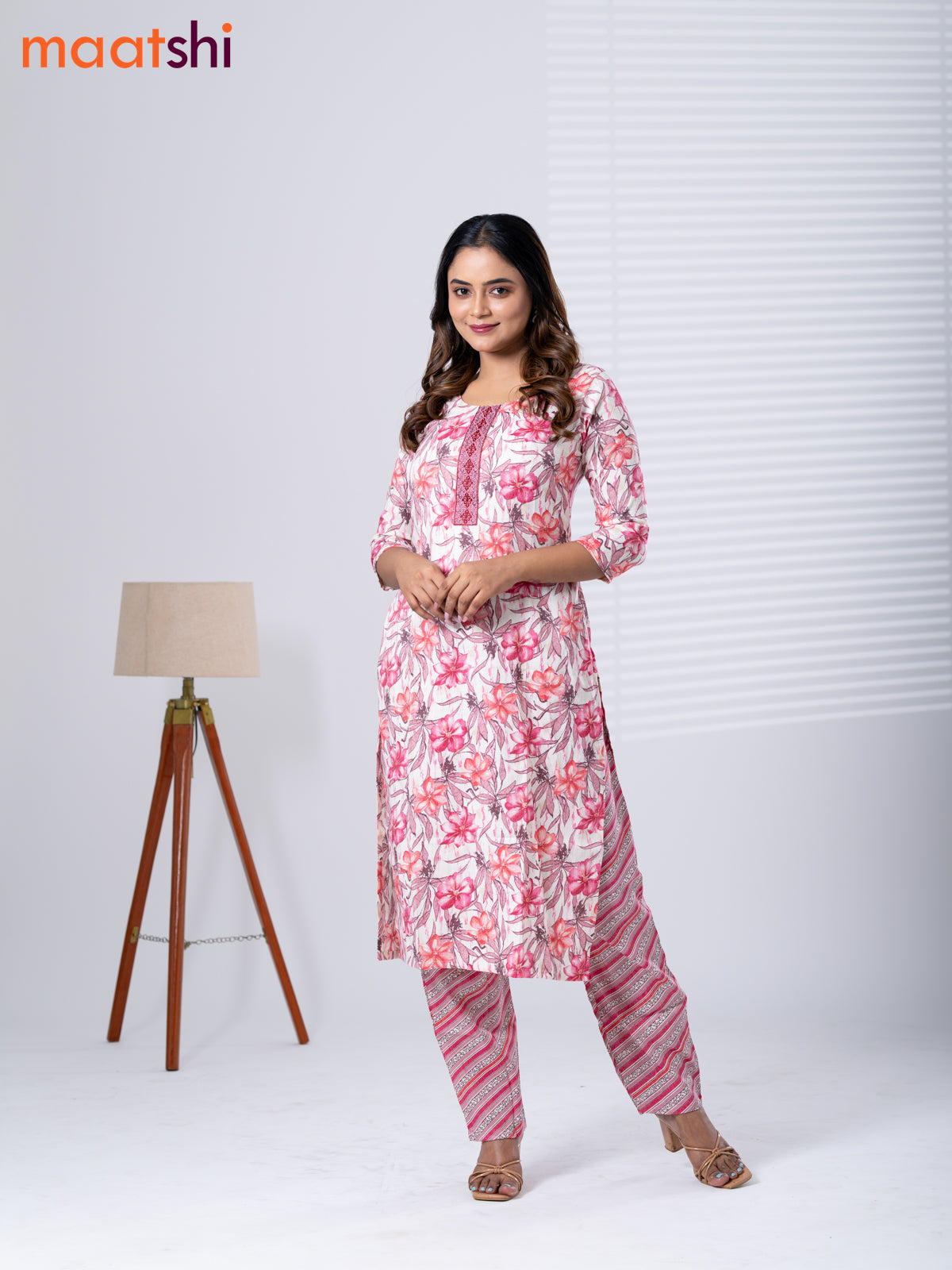 Rayon kurti set cream and pink with allover floral prints & embroidery work neck pattern and straight cut pant