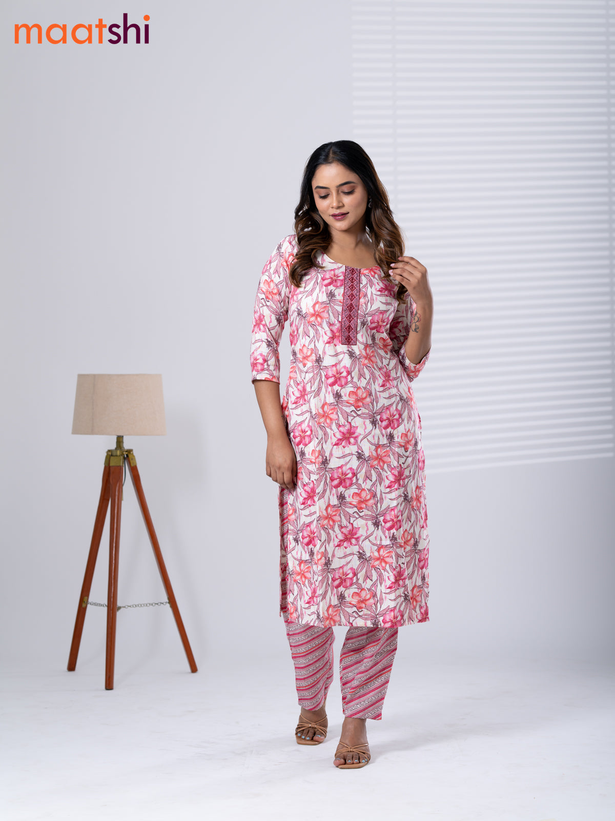 Rayon kurti set cream and pink with allover floral prints & embroidery work neck pattern and straight cut pant