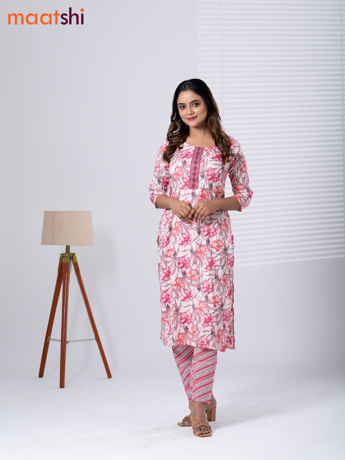 Rayon kurti set cream and pink with allover floral prints & embroidery work neck pattern and straight cut pant