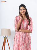 Rayon readymade kurti set peach pink with allover prints & embroidery work neck pattern and straight cut pant