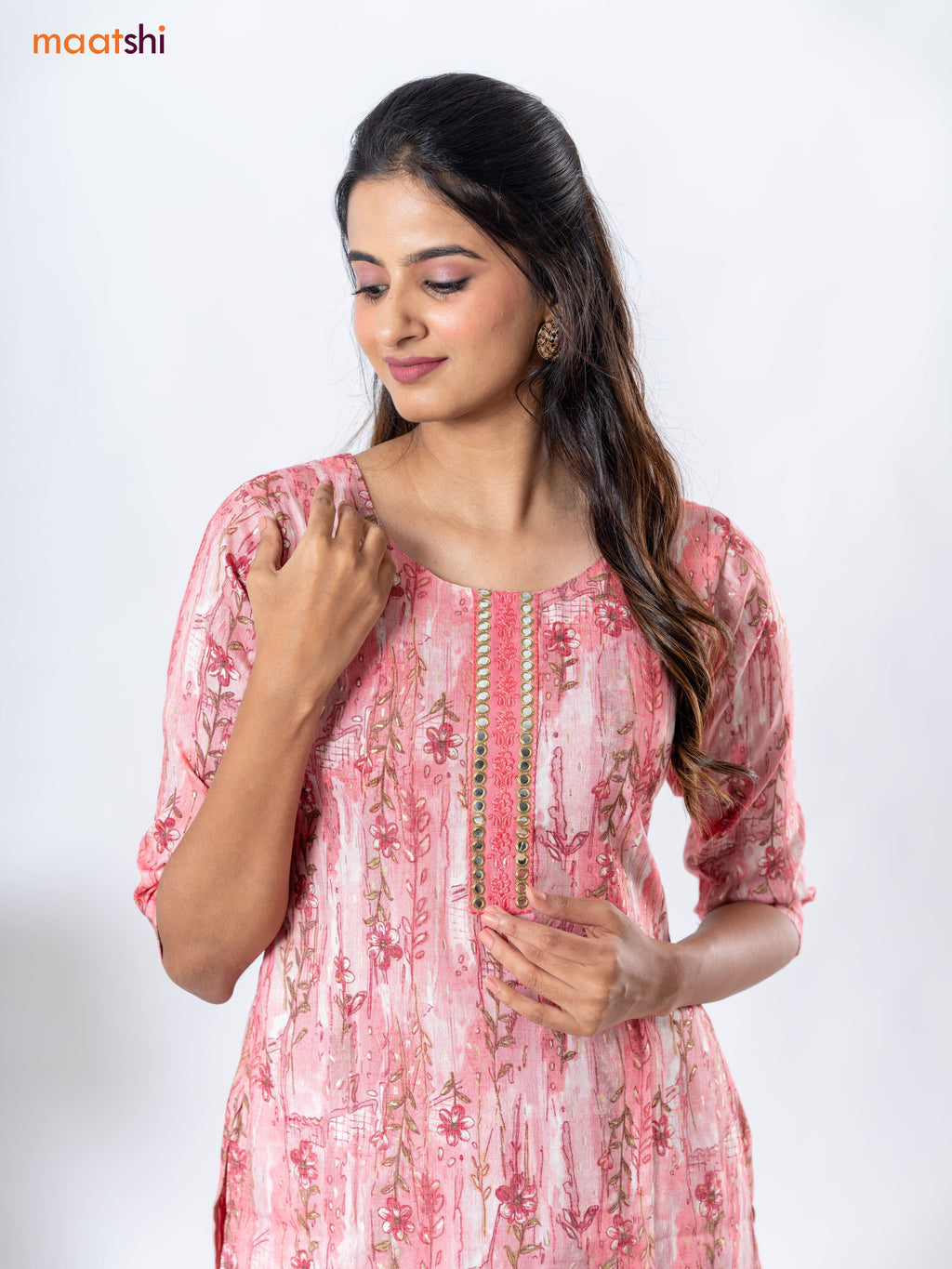 Rayon readymade kurti set peach pink with allover prints & embroidery work neck pattern and straight cut pant