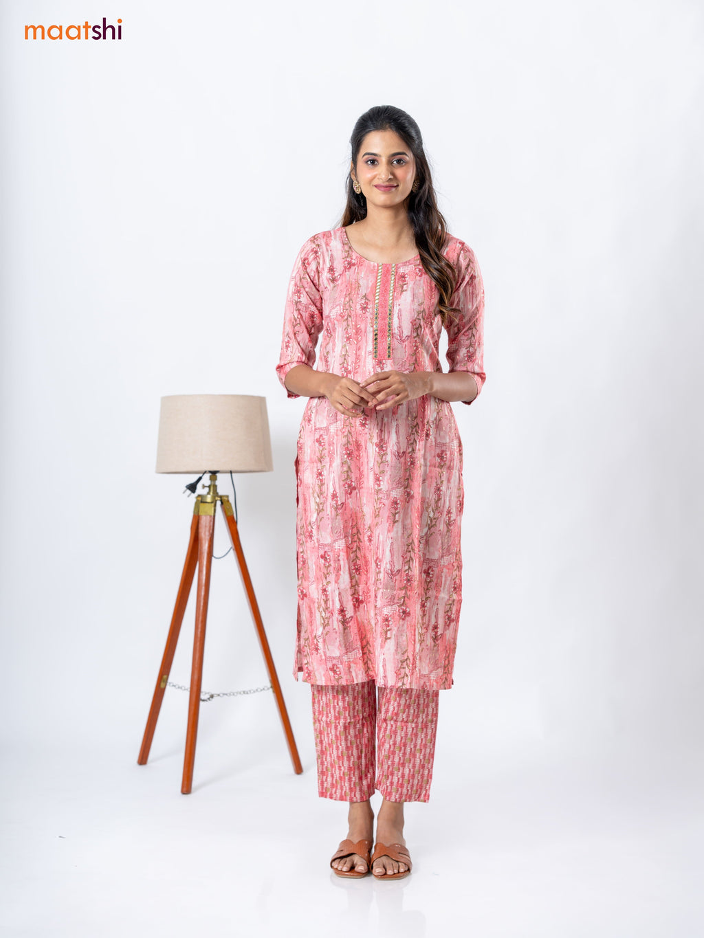 Rayon readymade kurti set peach pink with allover prints & embroidery work neck pattern and straight cut pant