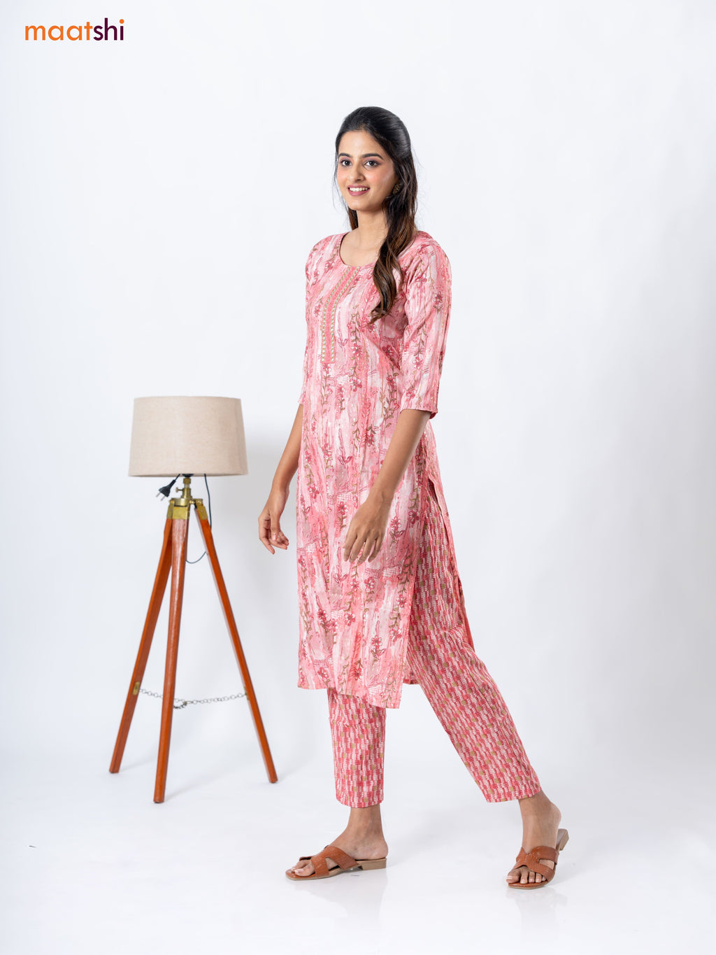 Rayon readymade kurti set peach pink with allover prints & embroidery work neck pattern and straight cut pant