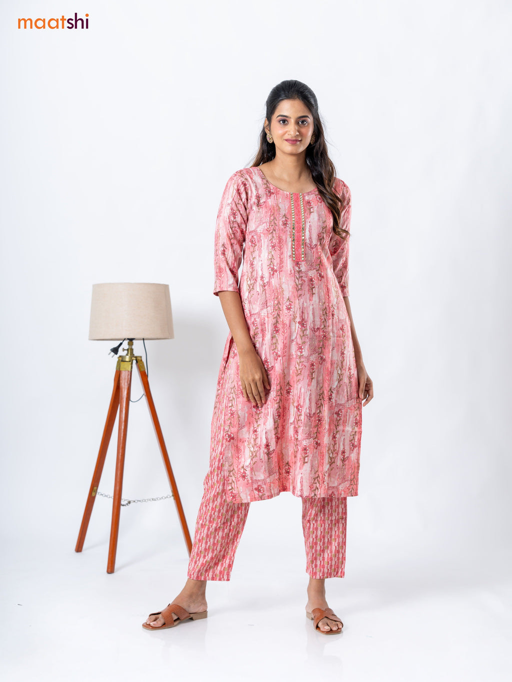 Rayon readymade kurti set peach pink with allover prints & embroidery work neck pattern and straight cut pant