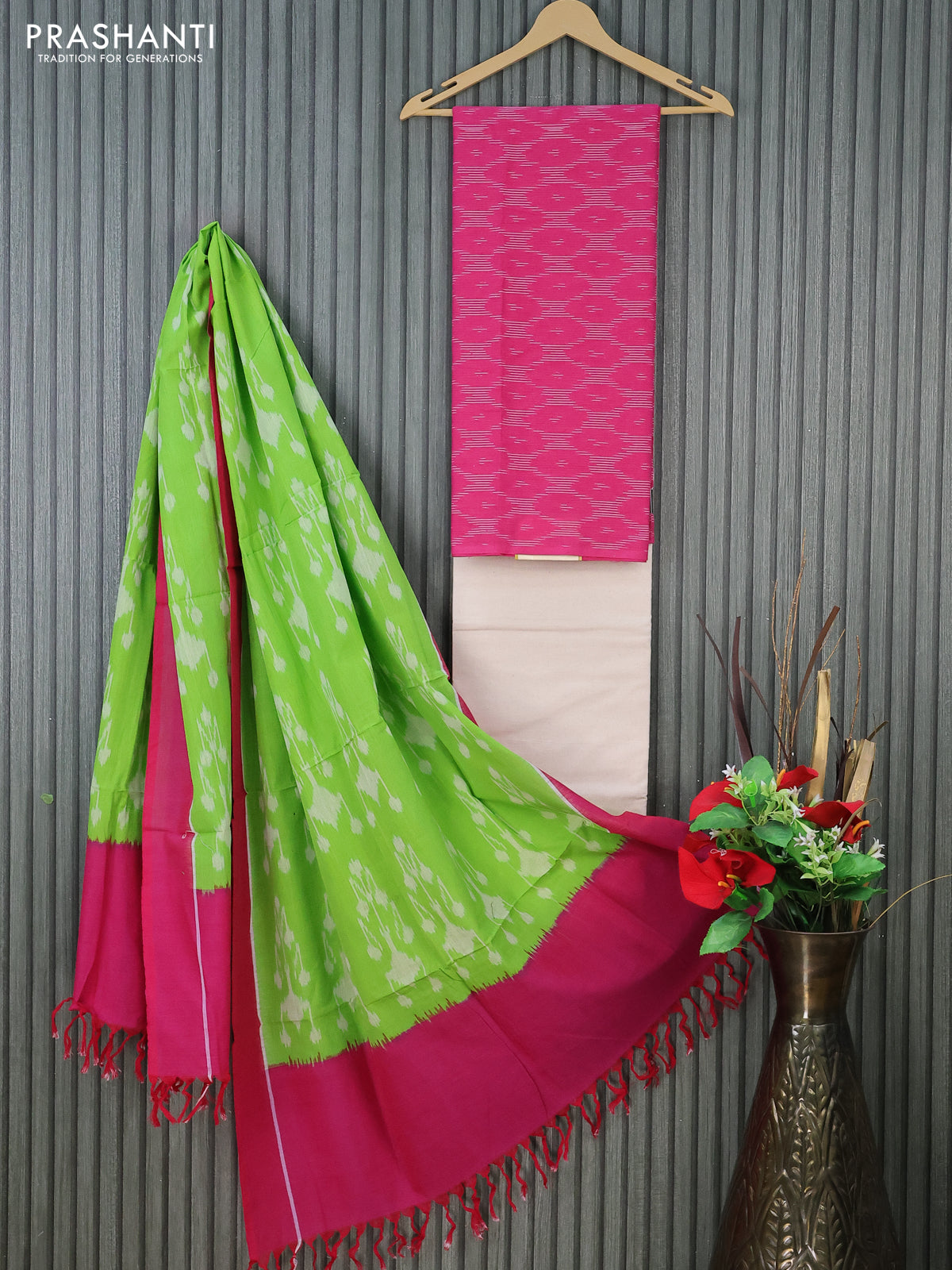 Ikat cotton dress material pink and cream light green with allover ikat weaves and bottom & dupatta