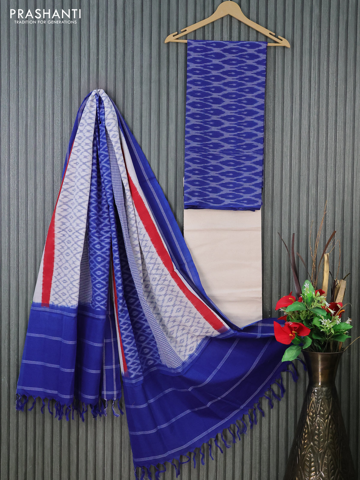 Ikat cotton dress material blue and cream with allover ikat weaves and bottom & dupatta