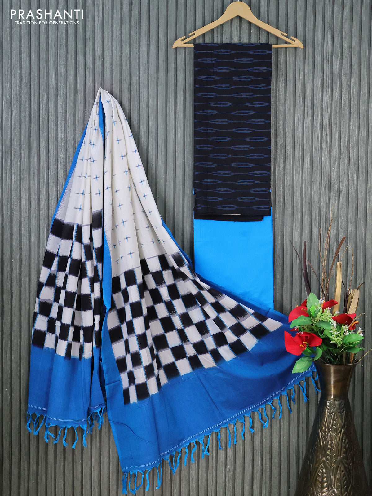 Ikat cotton dress material black and cs blue cream with allover ikat weaves and bottom & dupatta