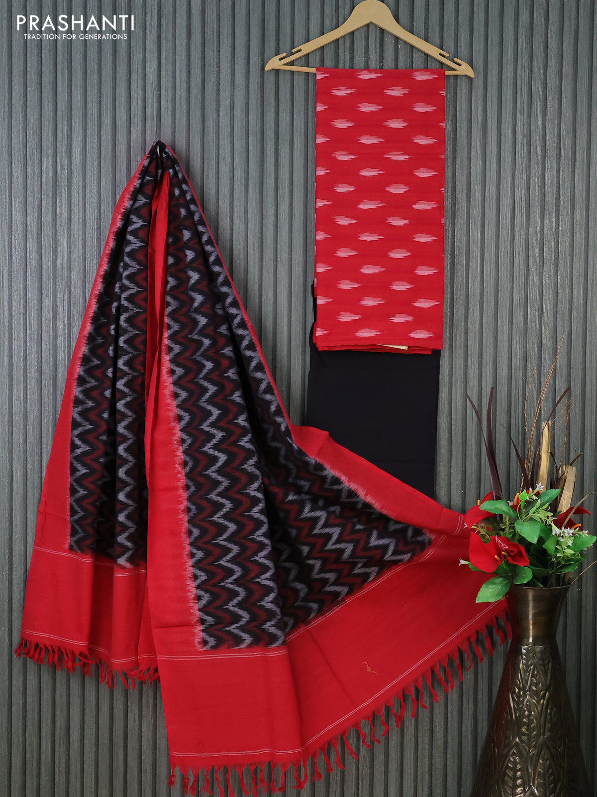 Ikat cotton dress material red and black with allover ikat butta weaves and bottom & dupatta