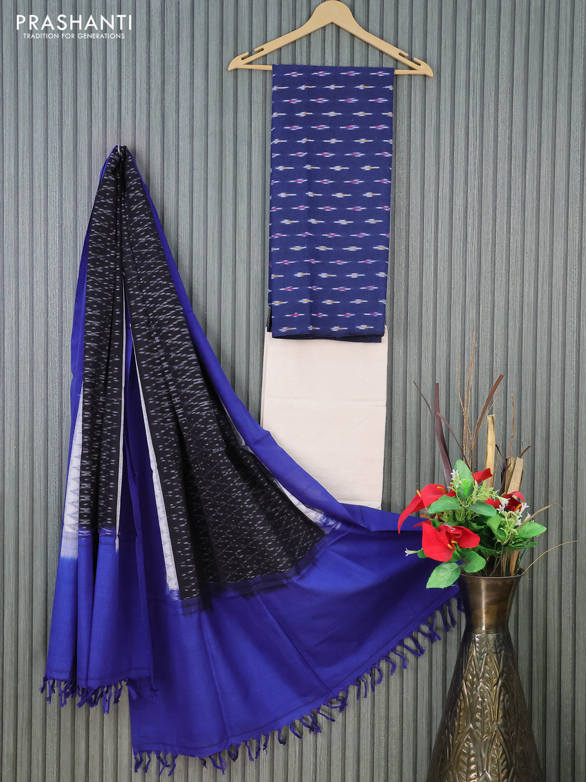 Ikat cotton dress material navy blue and cream black with allover ikat butta weaves and bottom & dupatta