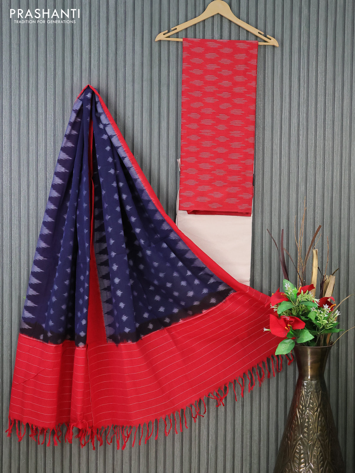 Ikat cotton dress material red and cream navy blue with allover ikat weaves and bottom & dupatta