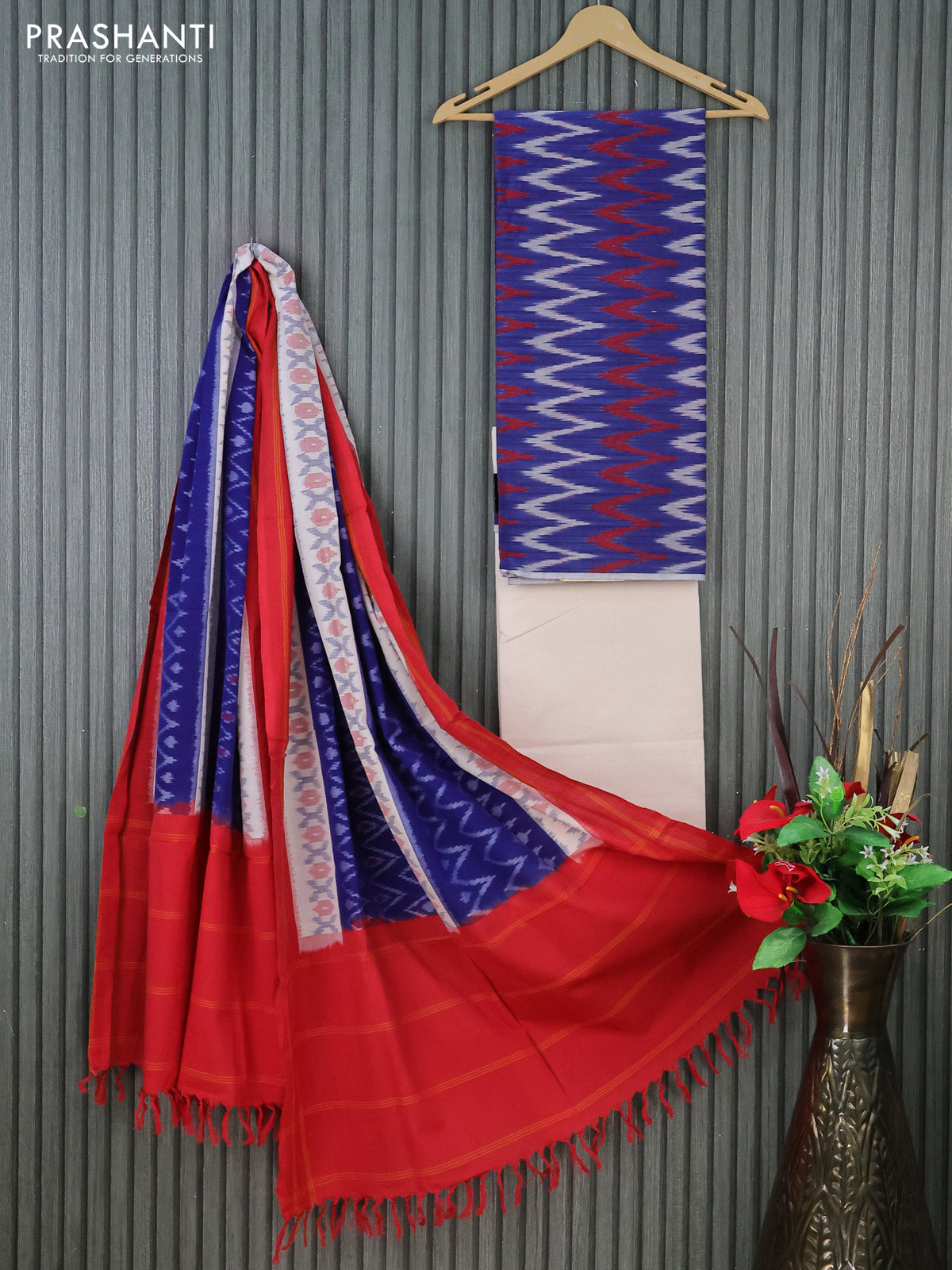 Ikat cotton dress material blue maroon and cream with allover ikat weaves and bottom & dupatta