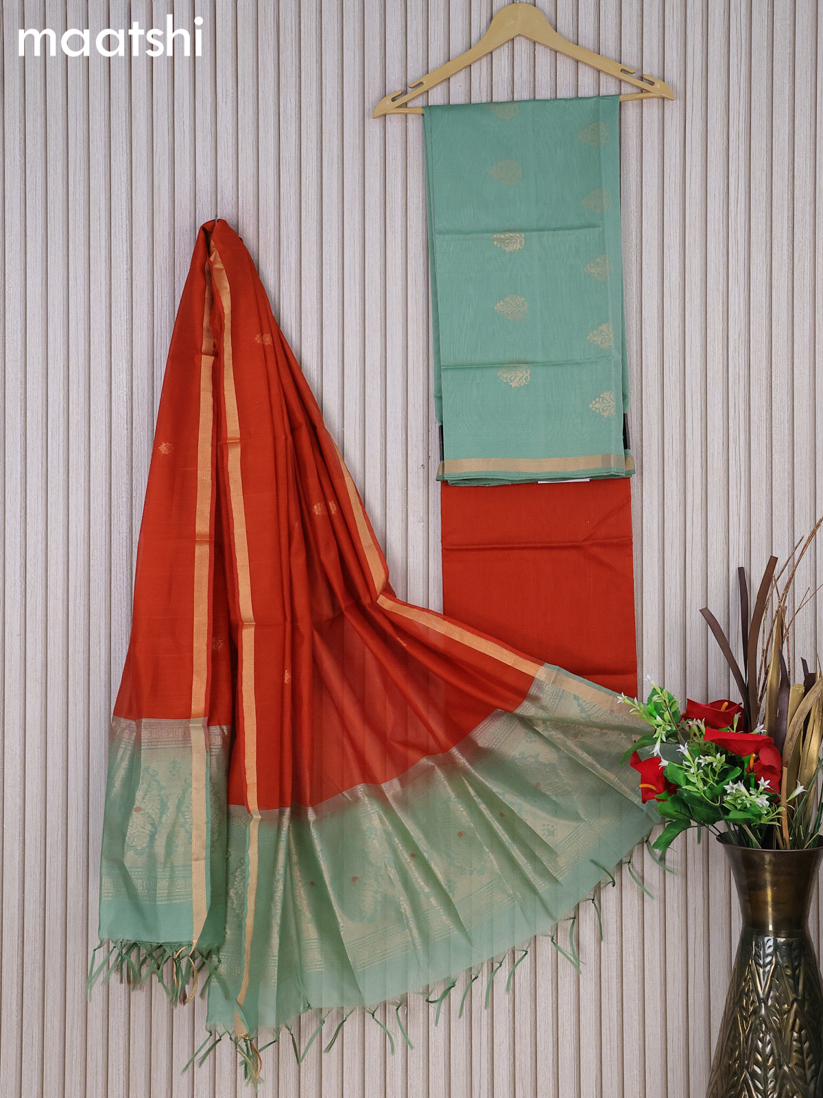 Silk cotton dress material pastel green and orange with zari woven buttas and bottom & zari dupatta
