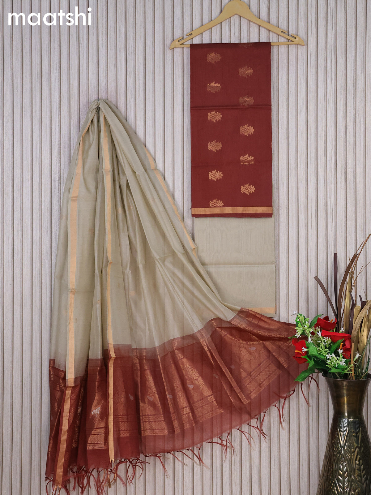 Silk cotton dress material brown and beige with zari woven buttas and bottom & zari dupatta