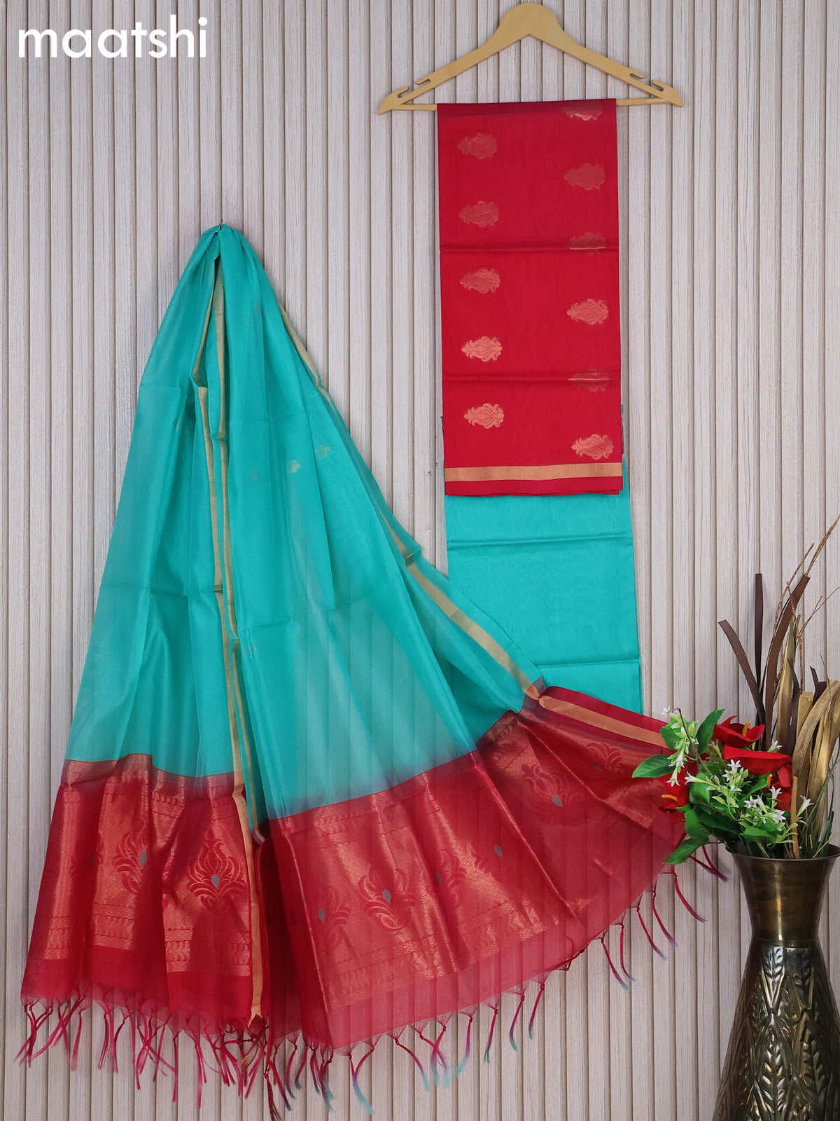 Silk cotton dress material dark pink and teal green with zari woven buttas and bottom & zari dupatta