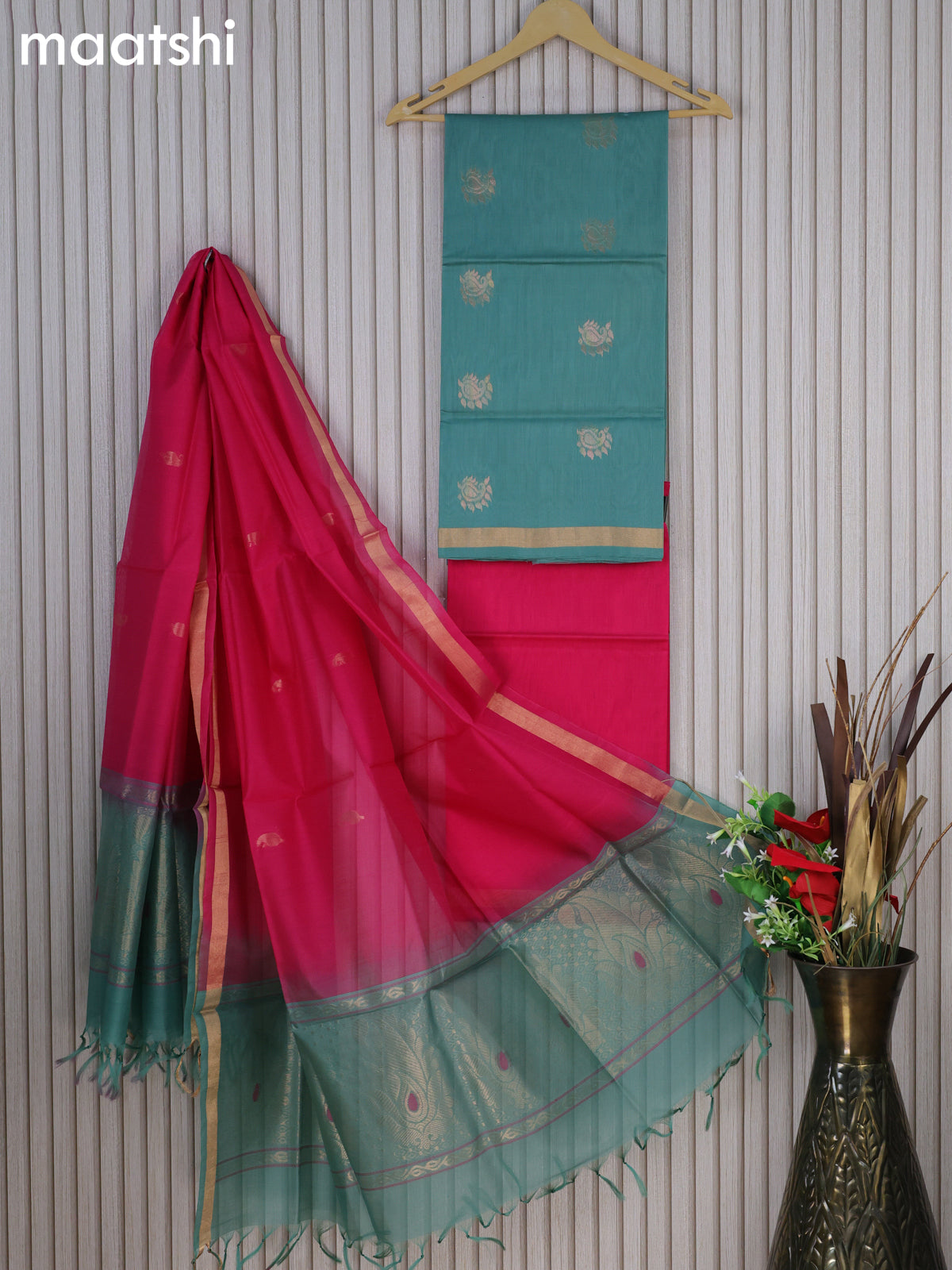 Silk cotton dress material pastel blue shade and pink with paisley zari woven buttas and bottom & zari dupatta