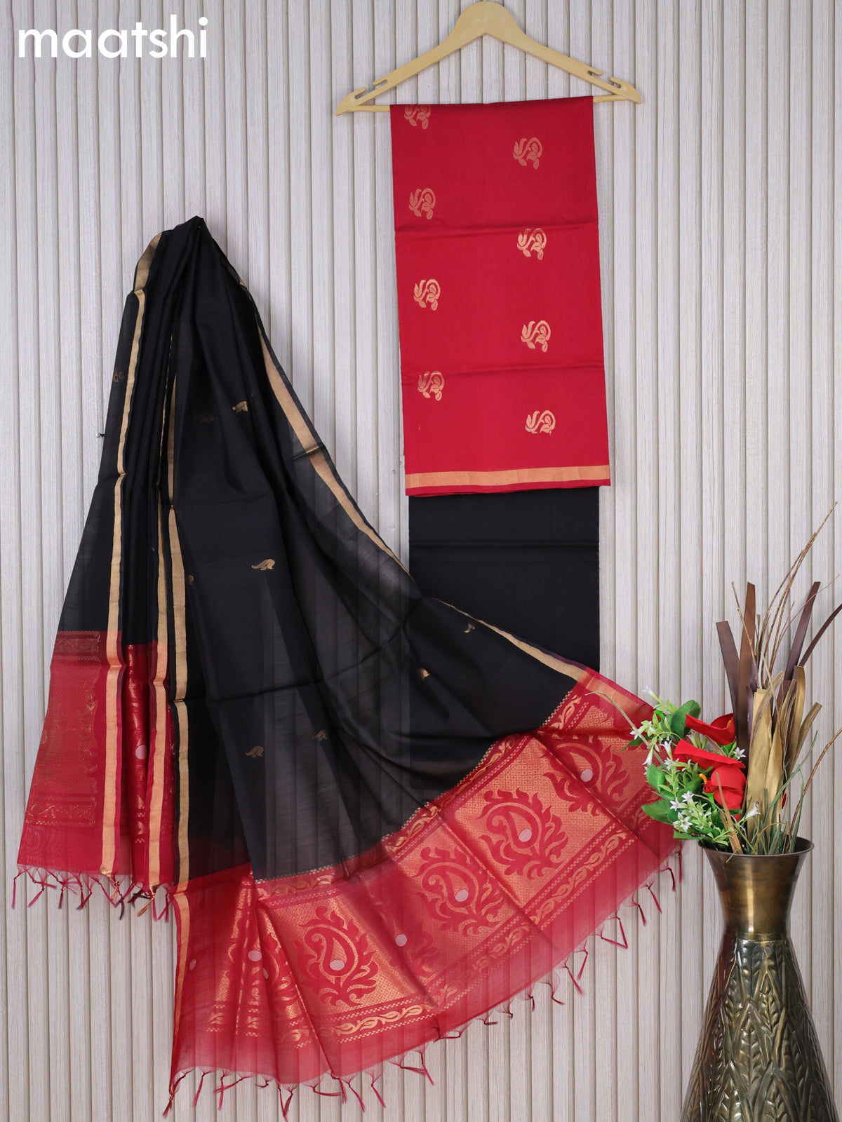 Silk cotton dress material red and black with floral zari woven buttas and bottom & zari dupatta