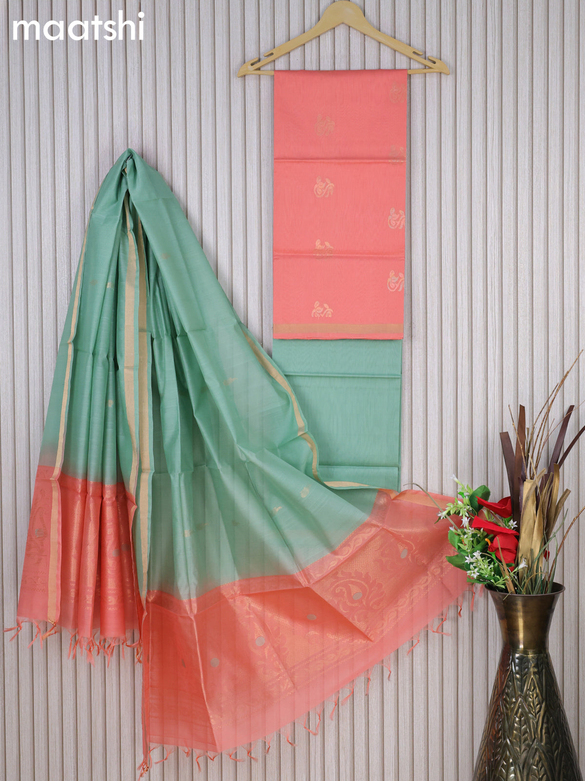 Silk cotton dress material peach orange and pastel green with floral zari woven buttas and bottom & zari dupatta
