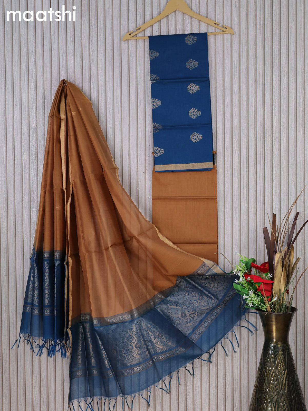 Silk cotton dress material peacock blue and dark sandal with floral zari woven buttas and bottom & zari dupatta