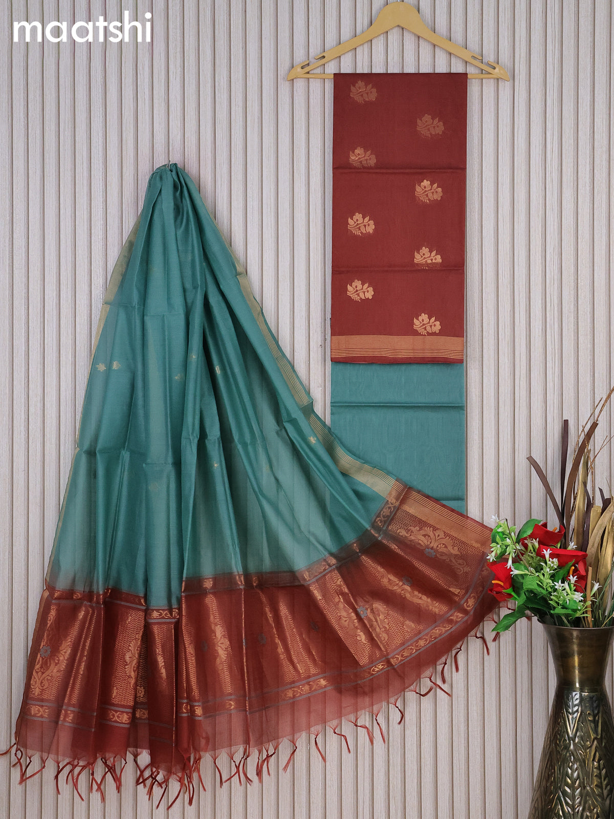 Silk cotton dress material brown and pastel green with floral zari woven buttas and bottom & zari dupatta