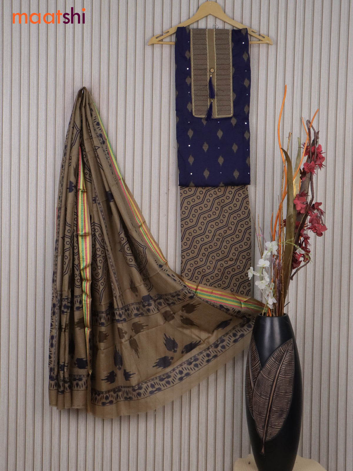 Cotton dress material navy blue and beige with ikat buttas mirror work