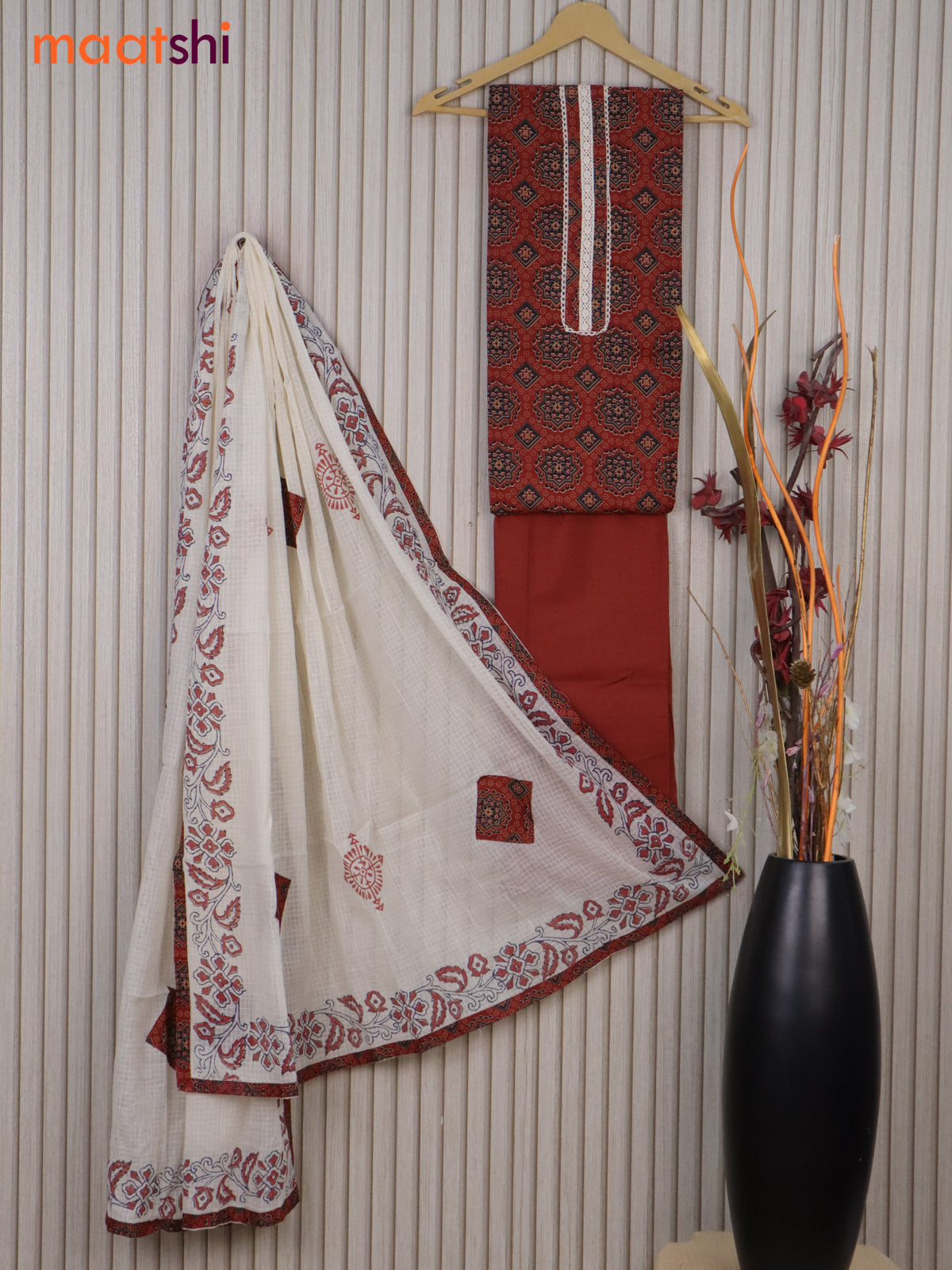 Cotton dress material maroon and off white with ajrakh prints & lace work neck pattern and bottom & kota dupatta