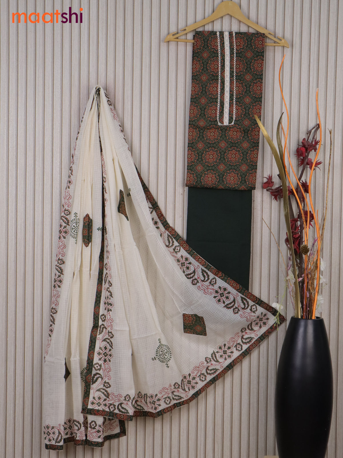 Cotton dress material green and off white with ajrakh prints & lace work neck pattern and bottom & kota dupatta