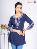 Rayon short kurti navy blue with embroidery work neck pattern without pant