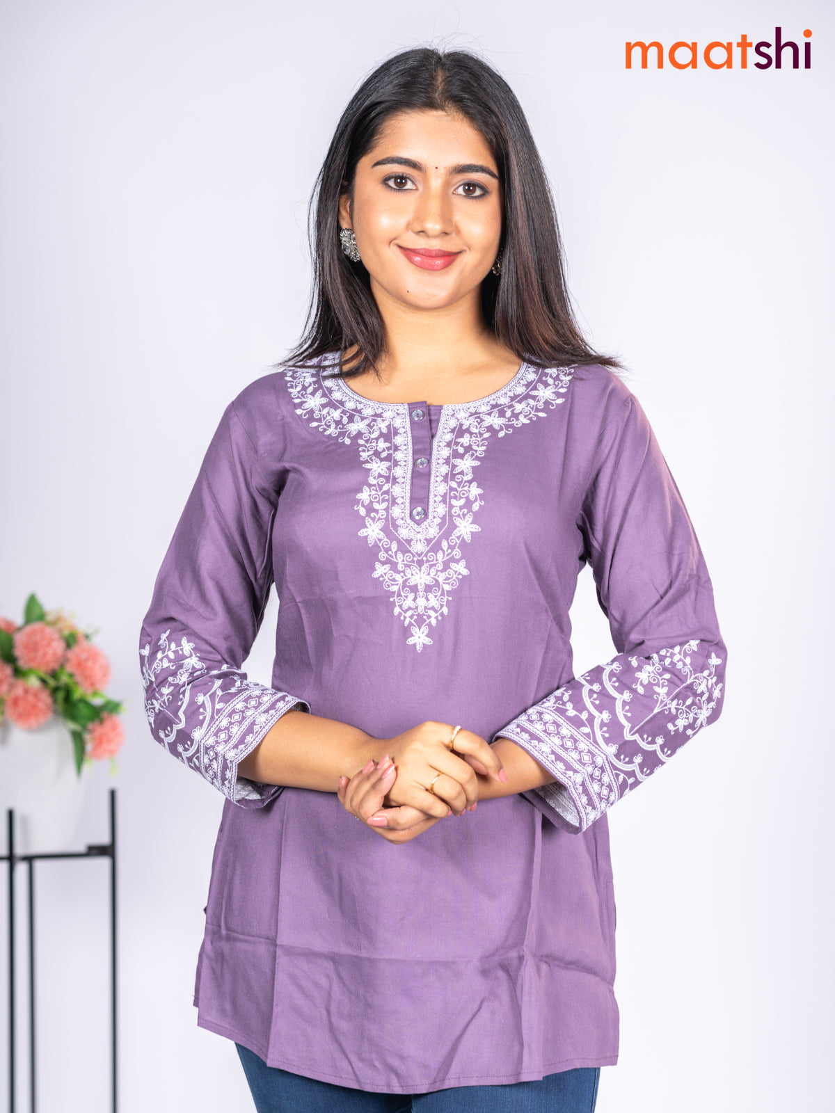 Rayon short kurti pastel purple with embroidery work neck pattern without pant