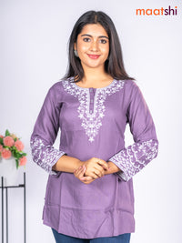 Rayon short kurti pastel purple with embroidery work neck pattern without pant