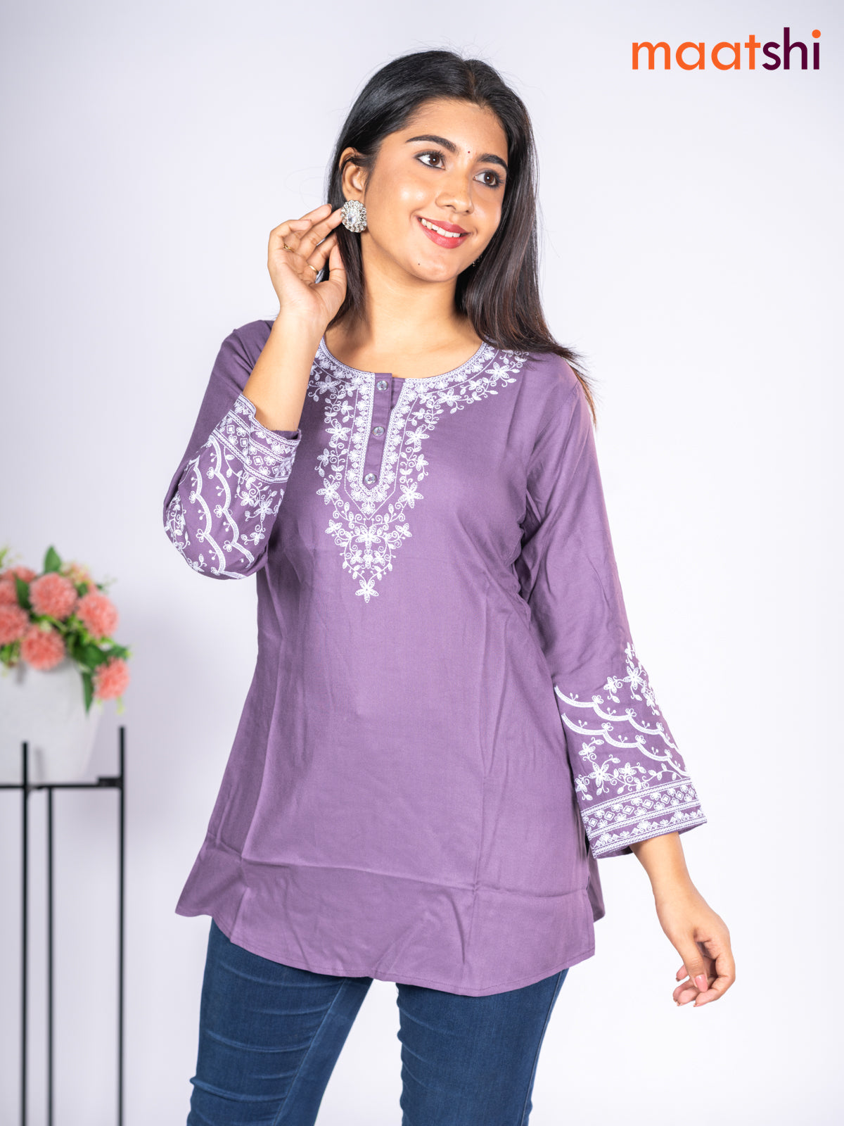Rayon short kurti pastel purple with embroidery work neck pattern without pant