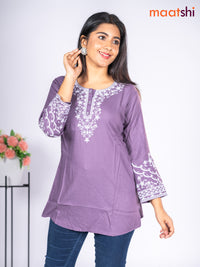 Rayon short kurti pastel purple with embroidery work neck pattern without pant