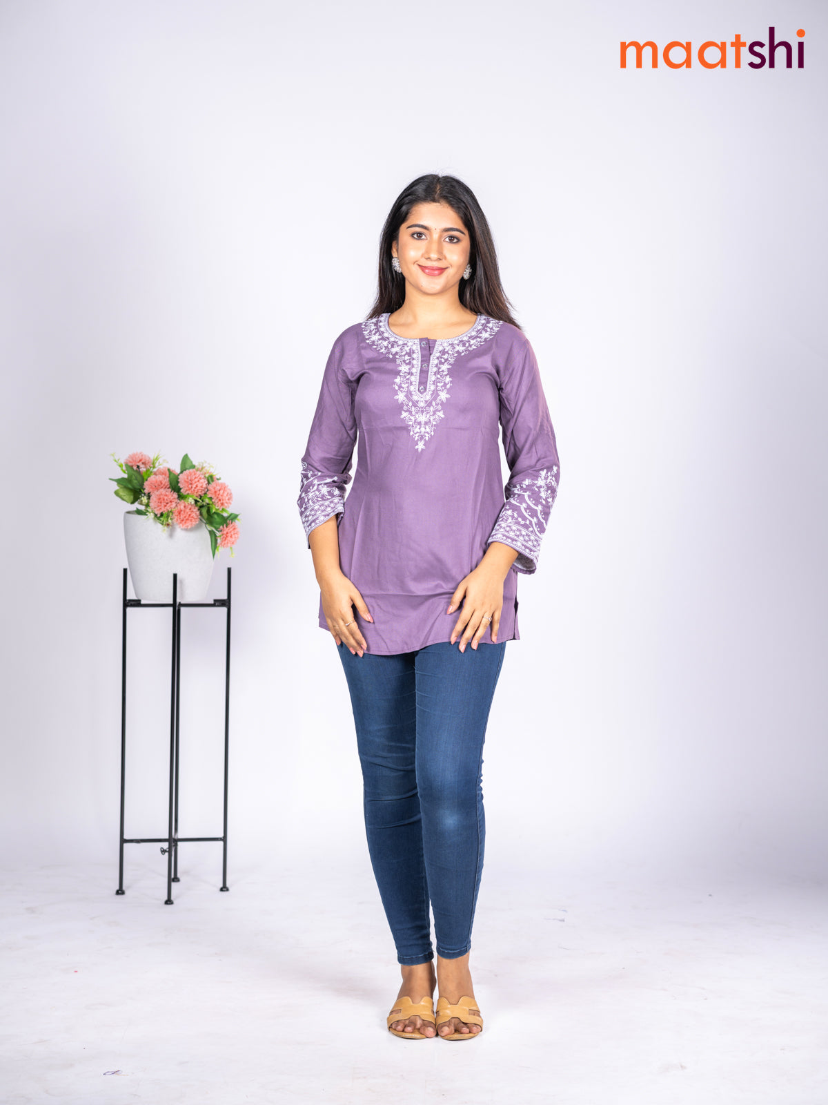 Rayon short kurti pastel purple with embroidery work neck pattern without pant