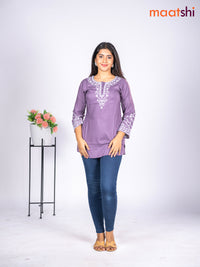 Rayon short kurti pastel purple with embroidery work neck pattern without pant
