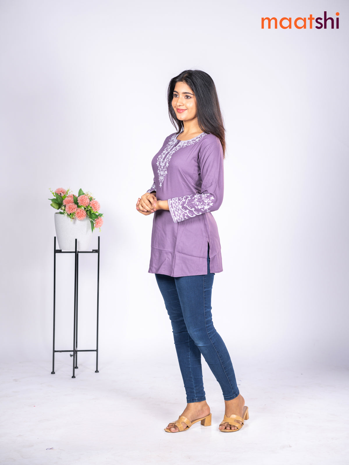 Rayon short kurti pastel purple with embroidery work neck pattern without pant