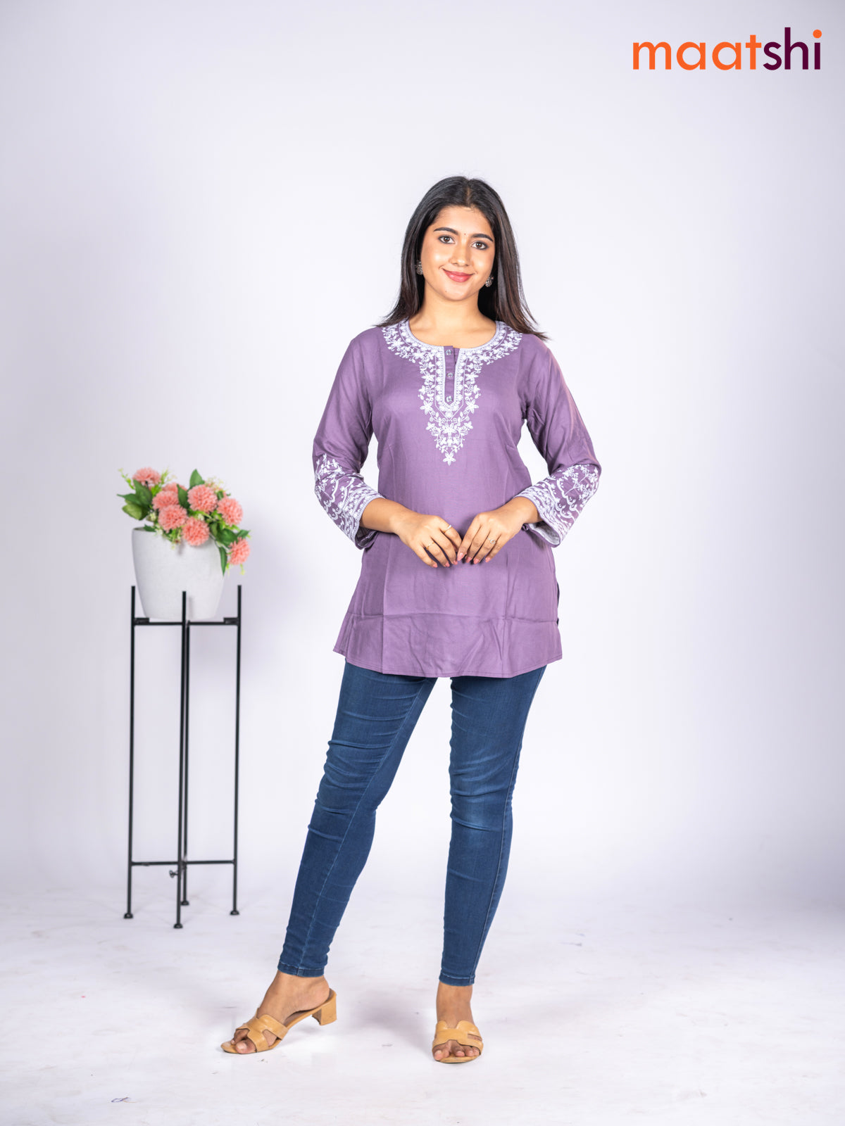 Rayon short kurti pastel purple with embroidery work neck pattern without pant