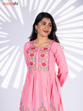 Cotton umbrella short kurti light pink with plain body & embroidery work neck pattern and without pant