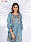 Cotton umbrella short kurti pastel shade with plain body & embroidery work neck pattern and without pant