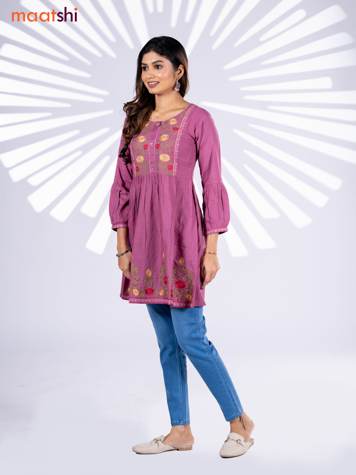 Cotton umbrella short kurti onion pink with plain body & embroidery work neck pattern and without pant
